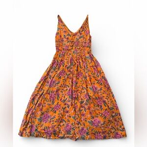 Caroline Constas Orange Floral Midi Dress Size L Smocked Waist Boho Summer